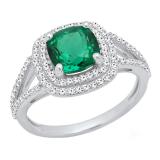 Sterling Silver 7 MM Cushion Cut Lab Created Emerald & Round White Diamond Ladies Engagement Ring