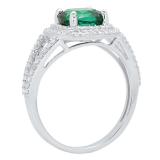 Sterling Silver 7 MM Cushion Cut Lab Created Emerald & Round White Diamond Ladies Engagement Ring