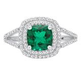 Sterling Silver 7 MM Cushion Cut Lab Created Emerald & Round White Diamond Ladies Engagement Ring