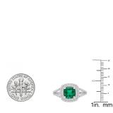 Sterling Silver 7 MM Cushion Cut Lab Created Emerald & Round White Diamond Ladies Engagement Ring
