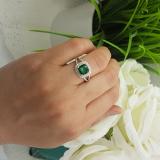Sterling Silver 7 MM Cushion Cut Lab Created Emerald & Round White Diamond Ladies Engagement Ring