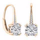 18K Rose Gold 6 MM Each Cushion Cut Lab Created White Sapphire & Round Diamond Drop Earrings