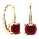 10K Yellow Gold 6 MM Each Cushion Cut Lab Created Ruby & Round Diamond Drop Earrings