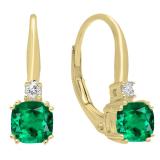 14K Yellow Gold 5 MM Each Cushion Cut Lab Created Emerald & Round Diamond Drop Earrings
