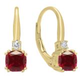 14K Yellow Gold 5 MM Each Cushion Cut Lab Created Ruby & Round Diamond Drop Earrings