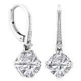 10K White Gold 8 MM Cushion Cut Lab Created White Sapphire & Round Cut White Diamond Drop Earrings