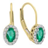 18K Yellow Gold 5X3 MM Each Oval Lab Created Emerald & Round Diamond Halo Hoop Earrings