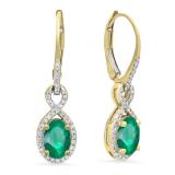 14K Yellow Gold 7X5 MM Each Oval Lab Created Emerald & Round Diamond Dangling Drop Earrings