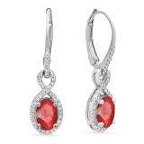 18K White Gold 7X5 MM Each Oval Lab Created Ruby & Round Diamond Dangling Drop Earrings