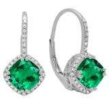 14K White Gold 6 MM Each Cushion Lab Created Emerald & Round Diamond Ladies Hoop Earrings