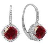 10K White Gold 6 MM Each Cushion Lab Created Ruby & Round Diamond Ladies Hoop Earrings