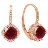 14K Rose Gold 6 MM Each Cushion Lab Created Ruby & Round Diamond Ladies Hoop Earrings