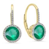 14K Yellow Gold 7 MM Each Round Lab Created Emerald & White Diamond Ladies Hoop Earrings
