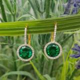 14K Yellow Gold 7 MM Each Round Lab Created Emerald & White Diamond Ladies Hoop Earrings