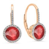 10K Rose Gold 7 MM Each Round Lab Created Ruby & White Diamond Ladies Hoop Earrings