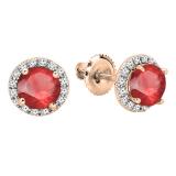 18K Rose Gold 6.5 MM Each Round Lab Created Ruby & White Diamond Ladies Stud Earrings