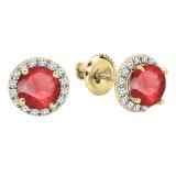 18K Yellow Gold 6.5 MM Each Round Lab Created Ruby & White Diamond Ladies Stud Earrings