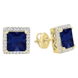 10K Yellow Gold 8 MM Each Princess Lab Created Blue Sapphire & Round Diamond Stud Earrings