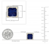 10K Yellow Gold 8 MM Each Princess Lab Created Blue Sapphire & Round Diamond Stud Earrings