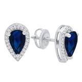 10K White Gold 8X5 MM Each Pear Lab Created Blue Sapphire & Round White Diamond Stud Earrings