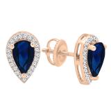 14K Rose Gold 8X5 MM Each Pear Lab Created Blue Sapphire & Round White Diamond Stud Earrings