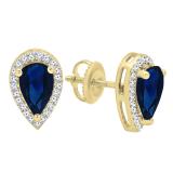 14K Yellow Gold 8X5 MM Each Pear Lab Created Blue Sapphire & Round White Diamond Stud Earrings
