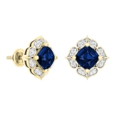 18K Yellow Gold Each 6 MM Cushion Lab Created Blue Sapphire & Round Diamond Ladies Stud Earrings
