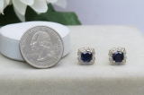 18K Yellow Gold Each 6 MM Cushion Lab Created Blue Sapphire & Round Diamond Ladies Stud Earrings