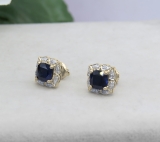 18K Yellow Gold Each 6 MM Cushion Lab Created Blue Sapphire & Round Diamond Ladies Stud Earrings