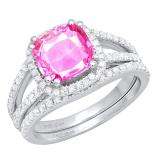 10K White Gold 8 MM Cushion Lab Created Pink Sapphire & Round Diamond Ladies Halo Engagement Ring