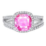 10K White Gold 8 MM Cushion Lab Created Pink Sapphire & Round Diamond Ladies Halo Engagement Ring
