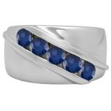 Sterling Silver Round Lab Created Blue Sapphire Men's Channel Set 5 Stone Anniversary Wedding Band