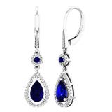10K White Gold 8X5 MM Lab Created Round & Pear Blue Sapphire & Round Diamond Dangling Earrings