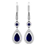 10K White Gold 8X5 MM Lab Created Round & Pear Blue Sapphire & Round Diamond Dangling Earrings