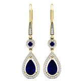 10K Yellow Gold 8X5 MM Lab Created Round & Pear Blue Sapphire & Round Diamond Dangling Earrings