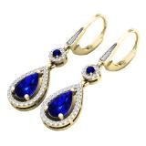 10K Yellow Gold 8X5 MM Lab Created Round & Pear Blue Sapphire & Round Diamond Dangling Earrings