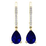 10K Yellow Gold 10X7 MM Pear Lab Created Blue Sapphire & Round Diamond Ladies Drop Earrings