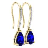 10K Yellow Gold 10X7 MM Pear Lab Created Blue Sapphire & Round Diamond Ladies Drop Earrings