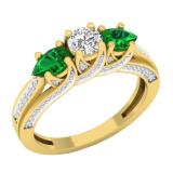 10K Yellow Gold 5X3 MM Pear Lab Created Emerald & Round Diamond Ladies 3 Stone Engagement Ring
