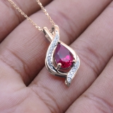9x6 mm Pear Lab Created Ruby & Round White Diamond Swirl Teardrop Pendant with 18 inch Gold Chain for Women in 10K Rose Gold