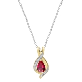 9x6 mm Pear Lab Created Ruby & Round White Diamond Swirl Teardrop Pendant with 18 inch Silver Chain for Women in 10K Yellow Gold