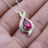 9x6 mm Pear Lab Created Ruby & Round White Diamond Swirl Teardrop Pendant with 18 inch Silver Chain for Women in 10K Yellow Gold