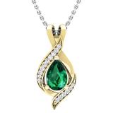 9X6mm Pear Center Lab Created Emerald & Round Natural White Diamond Teardrop Pendant with 18 Inch Silver Chain for Her in 10K Yellow Gold