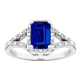 7X5 MM Lab Created Blue Sapphire & 0.15 CT White Diamond Split Shank Ladies Engagement Ring, 925 Sterling Silver