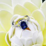 7X5 MM Lab Created Blue Sapphire & 0.15 CT White Diamond Split Shank Ladies Engagement Ring, 925 Sterling Silver