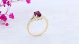 7X5 MM Lab Created Ruby & 0.15 CT White Diamond Split Shank Ladies Engagement Ring, 10K Yellow Gold