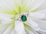 7x5mm Emerald Shape Lab Created Emerald & Round White Diamond Halo Split Shank Engagement Ring for Women in 925 Sterling Silver