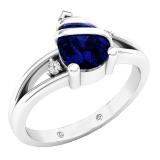 10K White Gold 8X6 MM Pear Lab Created Blue Sapphire & Round Diamond Ladies 3 Stone Ring
