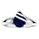 10K White Gold 8X6 MM Pear Lab Created Blue Sapphire & Round Diamond Ladies 3 Stone Ring