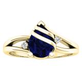 14K Yellow Gold 8X6 MM Pear Lab Created Blue Sapphire & Round Diamond Ladies 3 Stone Ring